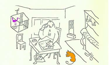 Erik Satie in seiner Wohnung. Zeichnung: Erik Satie
